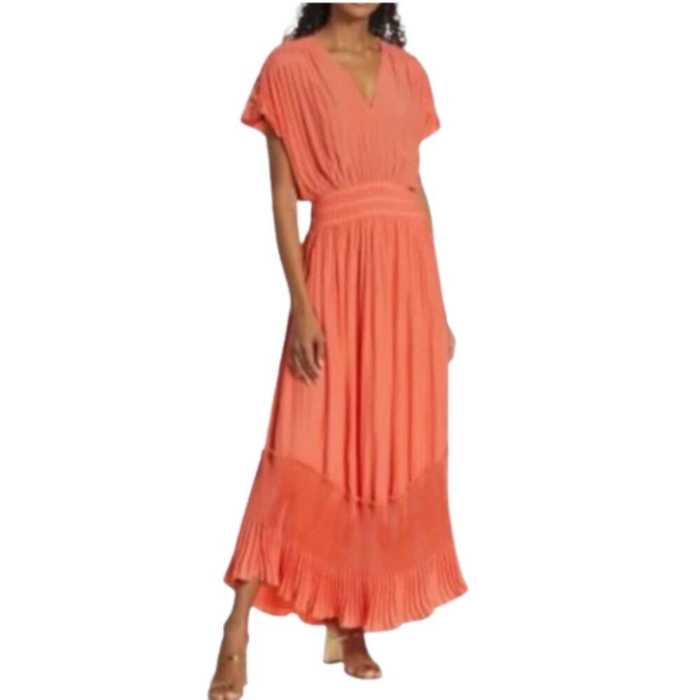 Ramy Brook Guava Cymone Pleated Maxi Dress V-Neck Boho Resort XXS